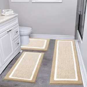 3-Piece Microfiber Bathroom Rug Set – Ultra Soft Shaggy Non-Slip Bath Mats with U-Shaped Toilet Contour, Washable Beige Carpet Set for Tub, Shower, and Bathroom Floors
