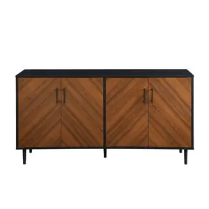 Walker Edison 58 in. Hampton Mid-Century Modern 2-Tone Faux Bookmatch TV Stand - Acorn Bookmatch & Solid Black, Entertainment Stand with Warp-Resist Metal Legs, Adjustable Ft, Requires Assembly, Tv Console Table, Living Room Decor, Furniture Living Room
