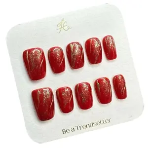 E50 Hand-made Red Gold Powder Hand-Painted Press-On Nails - Original Design with Rich Coloration and Durable Finish party press