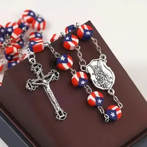 Puerto Rico Flag Beaded Independence Day Cross Necklace, Prayer Baptism Rosary Necklace, For Teenager Meaningful Faith Design Cultural natural stone bead