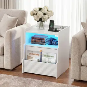 Wide Night Stand with Wireless Charging Station, Bedside Table with Hidden Gun Drawer & LED Lights, Modern End Table with 2 Drawers, Fluted Nightstands with Open Storage Shelf