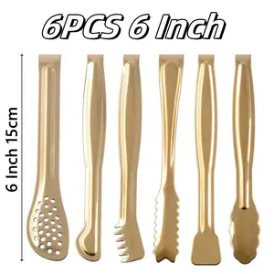 6PCS 6 Inch Gold Plated Mini Serving Tongs Set Appetizers Tongs Stainless Steel Small Sugar Cube Tongs Ice Tongs