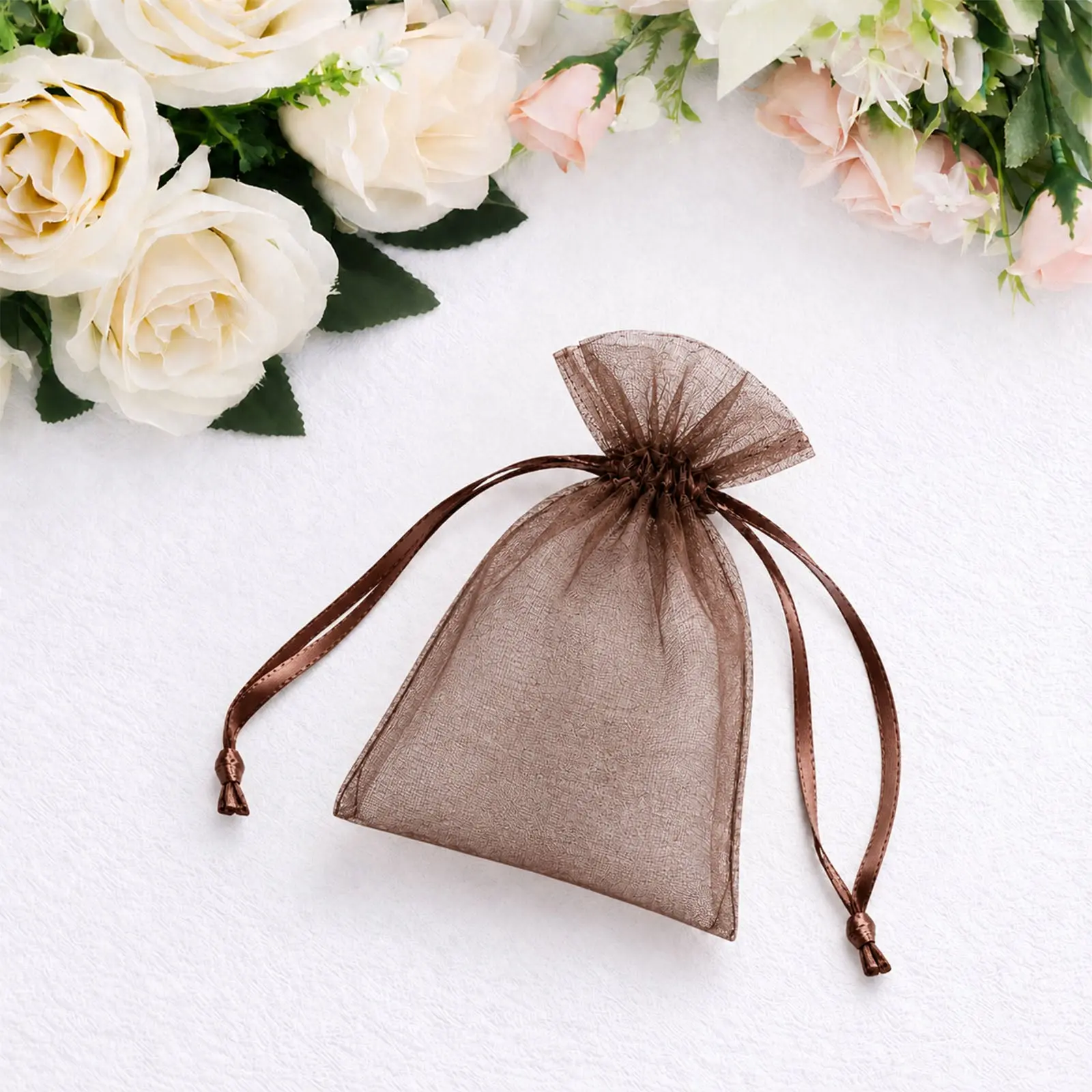 100 Pack Chocolate Organza Drawstring Favor Bags 3" x 4" – Wedding Party Gift Bags