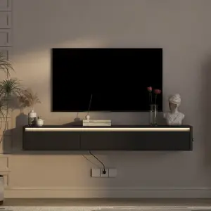 Floating TV Stand, Wall Mounted TV Shelf with Led Lights & Power Outlet,High TV Cabinet for Black tv Stands for Living Room