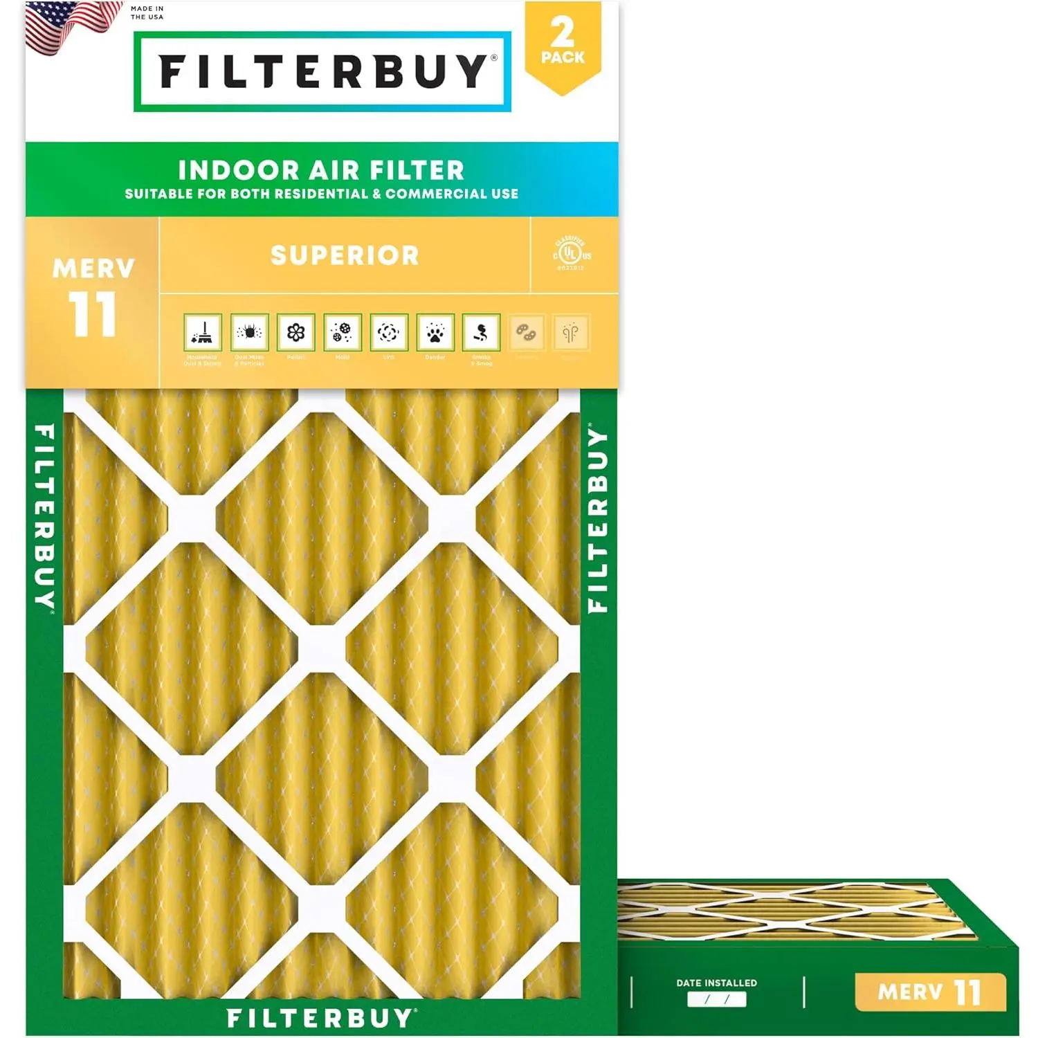 Filterbuy 16x24x2 Air Filter (2-Pack), Pleated MERV 11 Allergen Defense HVAC AC Furnace Air Filters (Actual Size: 15.38 x 23.38 x 1.75 Inches)
