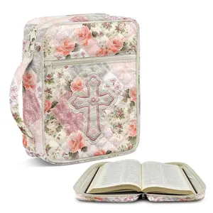 Christian Cross Quilted Bible Cover Case, Floral Cross Bible Bag with Handle & Zipper Pockets, Durable Bible Protector for Women, Faith Gift for Church, Bible Study, on-the-Go Devotional, Fits Standard Holy Bible Cover Case,summervibes