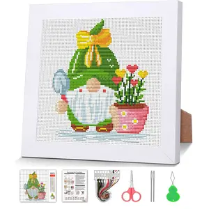 Gnome Cross Stitch Kits for Beginners,Flowers Stamped Cross Stitch for Adults with Wooden Framed,Embroidery Kit, Partial 11CT Cross-Stitch Arts and Crafts for Adults 7.9x7.9inch