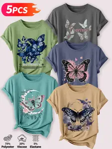 Women's 5Pcs Crew Neck T-Shirts, Womenswear, Watercolor Butterfly & Floral Series Print, Multiple Colors Available, Machine Washable, Spring & Summer Casual Tops, Soft Skin-Friendly Fabric, Daily Versatile, Fashion Design