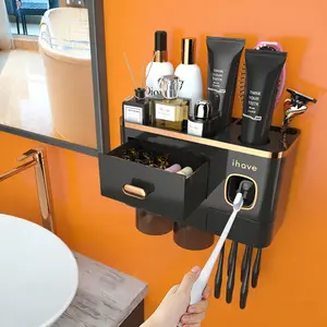 iHave Toothbrush Holders for Bathrooms - Upgrade Wall Mounted Toothbrush Holder with Toothpaste Dispenser - 2 Cups, Large Capacity Tray, Cosmetic Drawer - Bathroom Decor & Bathroom Accessories Organizing