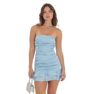 Strapless Satin Ruched Bodycon Dress in Light Blue