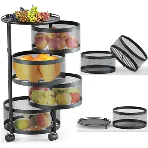 Kitchen Rotating Storage Rack, 4-Layer Fruit and Vegetable Storage Rack with Wheels, Trolley Space Saving, Potato Fruit Basket, Black Shelf Organiser Steel Metal