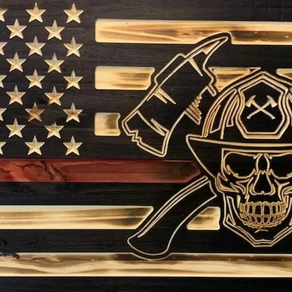 CNC-Made Fireman Skull Wood Flag, Decor for Firefighter Enthusiasts...Personalize your flag in the ADD NOTE (comment section) NO extra cost..name, workplace, job title etc..