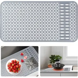 Sink Mat 28.4''x15.2'' Kitchen Sink Protector With DIY Drain Hole, Grey Farmhouse  Protector 1 count Kitchen Sinks Accessories