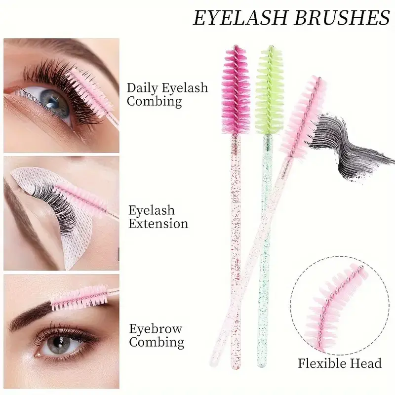 50 Disposable Eyelash Brushes & Combs Set, Eyelash Separator Tool, Soft Polyester Fibre Makeup Tools, Metal Tip Design, Fragrance-Free, Light Series