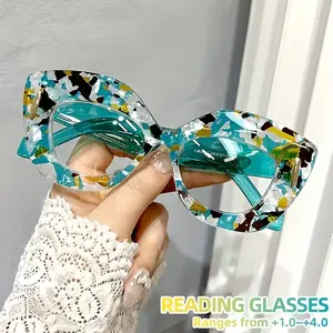 Men Women Fashion New Thick Frame Floral Cat Eye Reading Glasses, +1.0 to +4.0 Strength, Lightweight Durable PC Material, Daily Use, Trending Eyeglasses