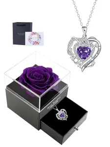 Rose Heart Mom Necklace With Rose Jewelry Gift Box, Love Heart Necklace, Flower Heart Pendant Necklace for Mother, Christmas Birthday Mother's Day Jewelry Gift for Mom Grandma