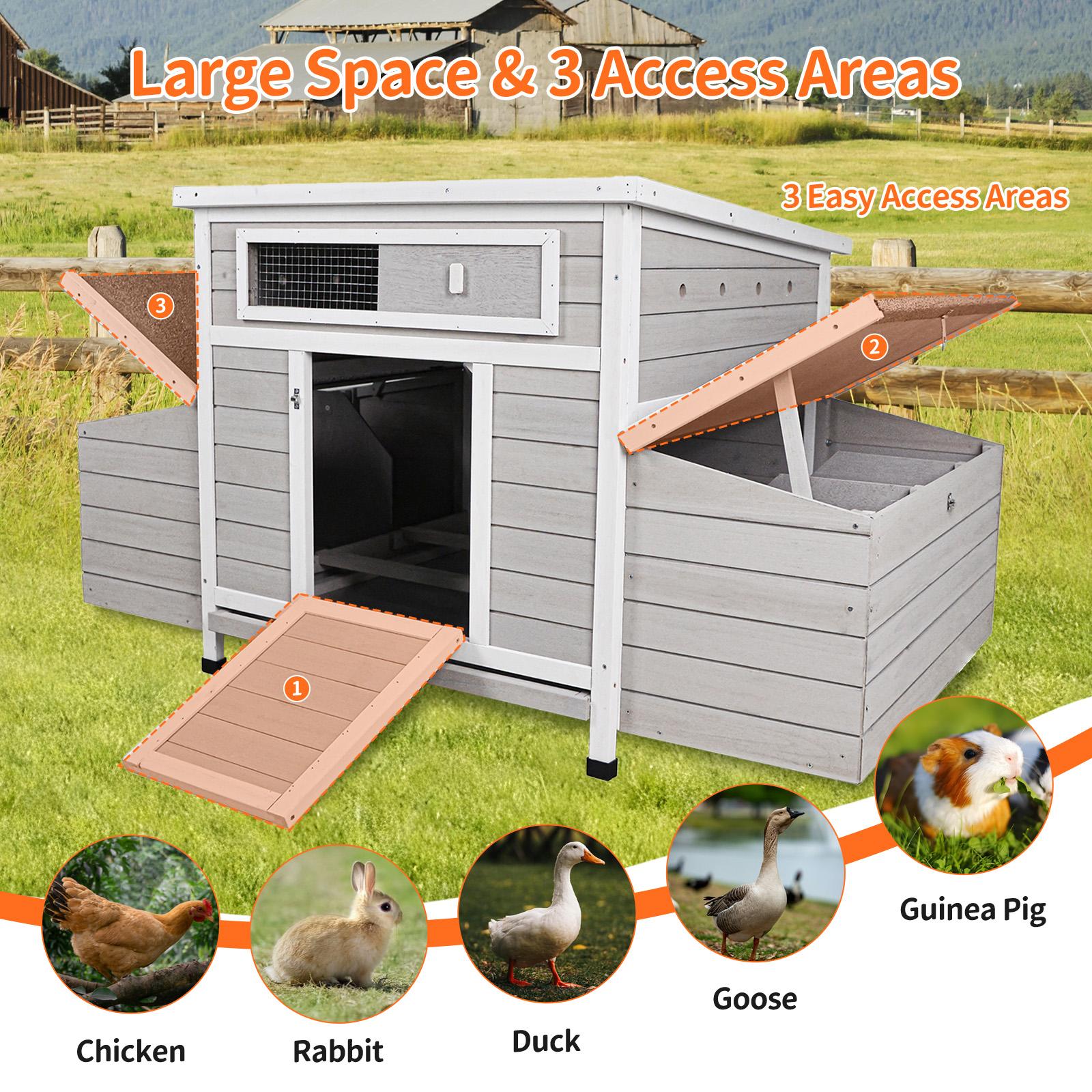 Eyisean 58" Wooden Large Outdoor Chicken Coop, Portable Hen House with Waterproof Foot & Pull-Out Tray, Dual-Sided Ventilation Holes, Poultry Cage with 2 Sides Nesting Boxes, Easy-Clean for Backyard