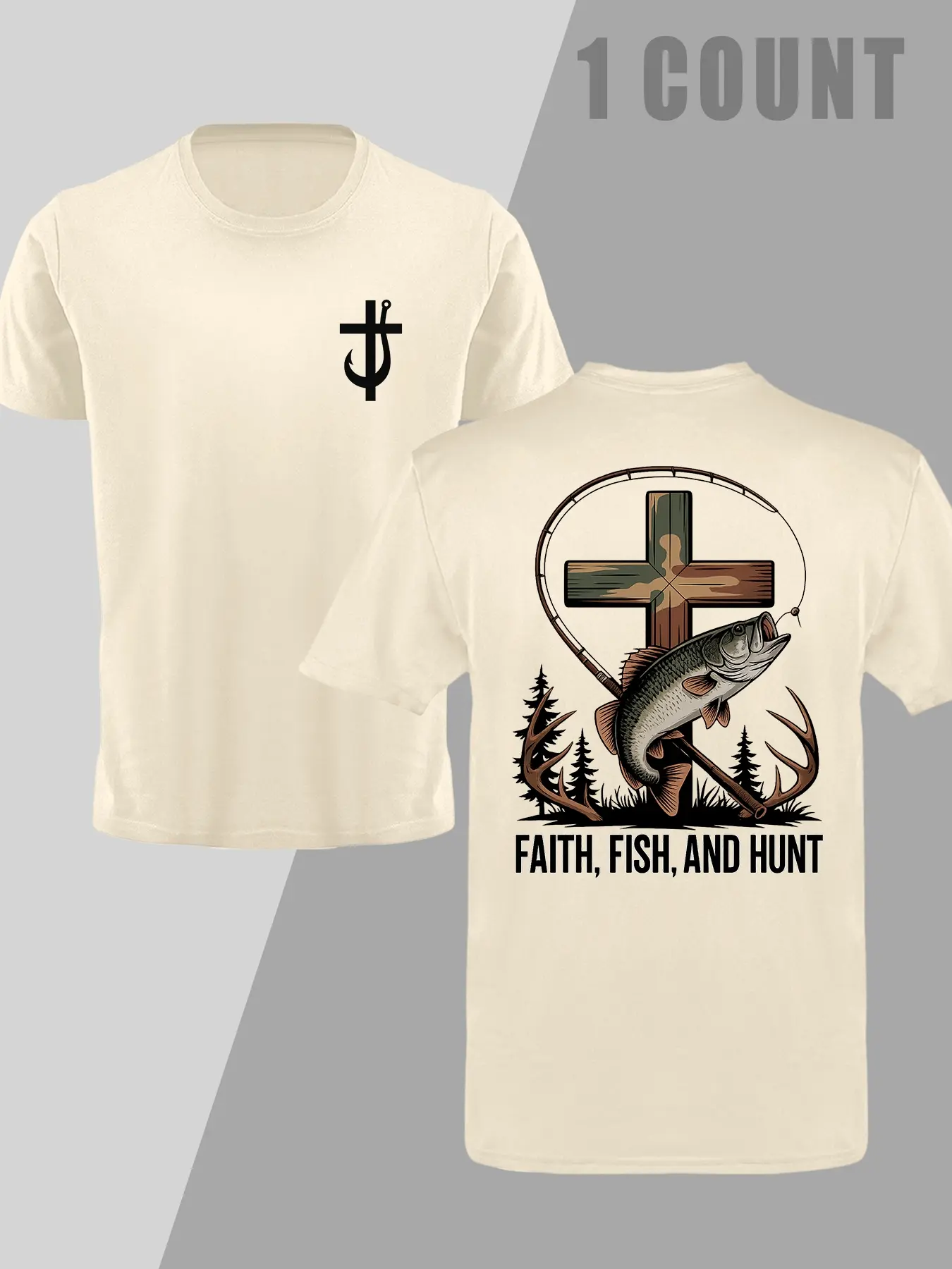 Southern Charm Outdoor Fishing Shirt, Camouflage, Camo Cross Deer Antlers & Bass Print, Casual Round Neck Unisex Summer Top, Comfortable Fitted Design, Knit, Casual Summer Tops, Menswear