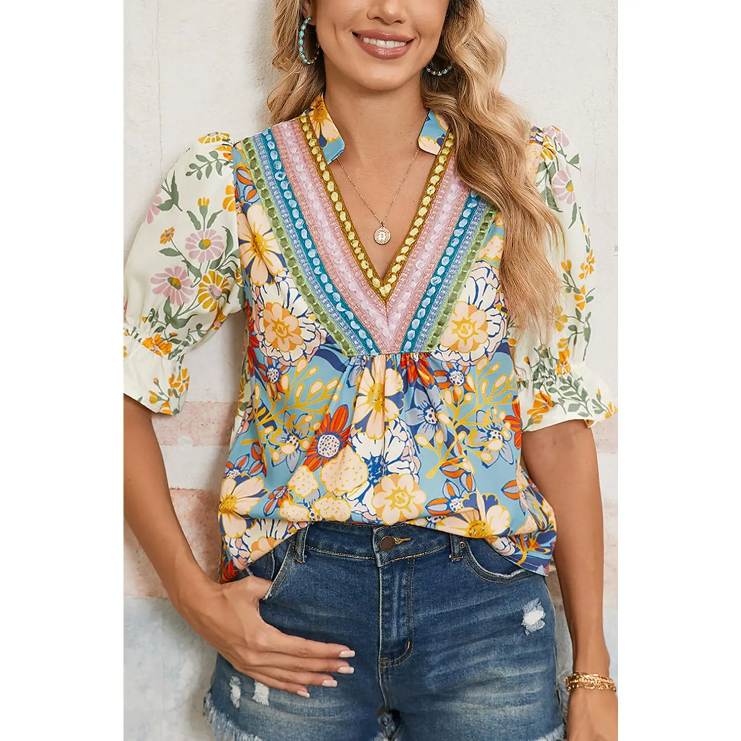 Multicolour Crochet V Neck Half Sleeve Boho Floral Blouse