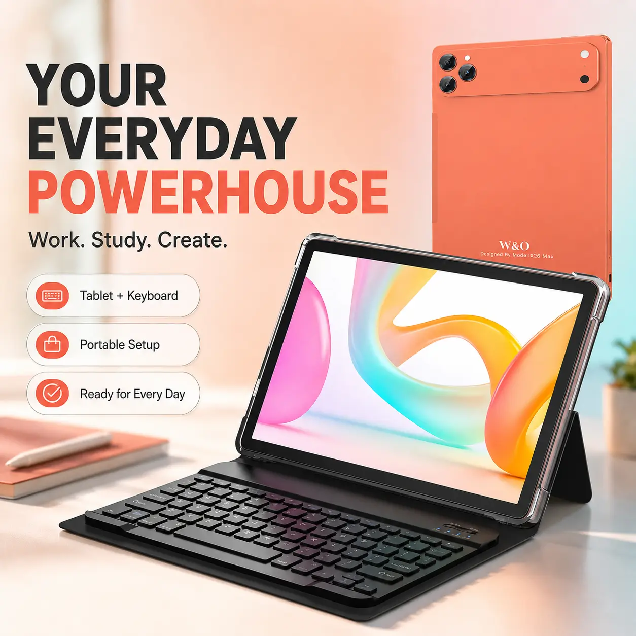 W&O Upgrade 11" Android 15 Tablet, Large HD Screen, 12GB RAM+256GB Expandable Storage, 10000mAh Long-Lasting Battery, 5G WiFi, Dual Camera, Tablet Bundle with Keyboard, Mouse, Stylus&Case, Portable Device for Work, Back to School, Valentine’s Day Gift