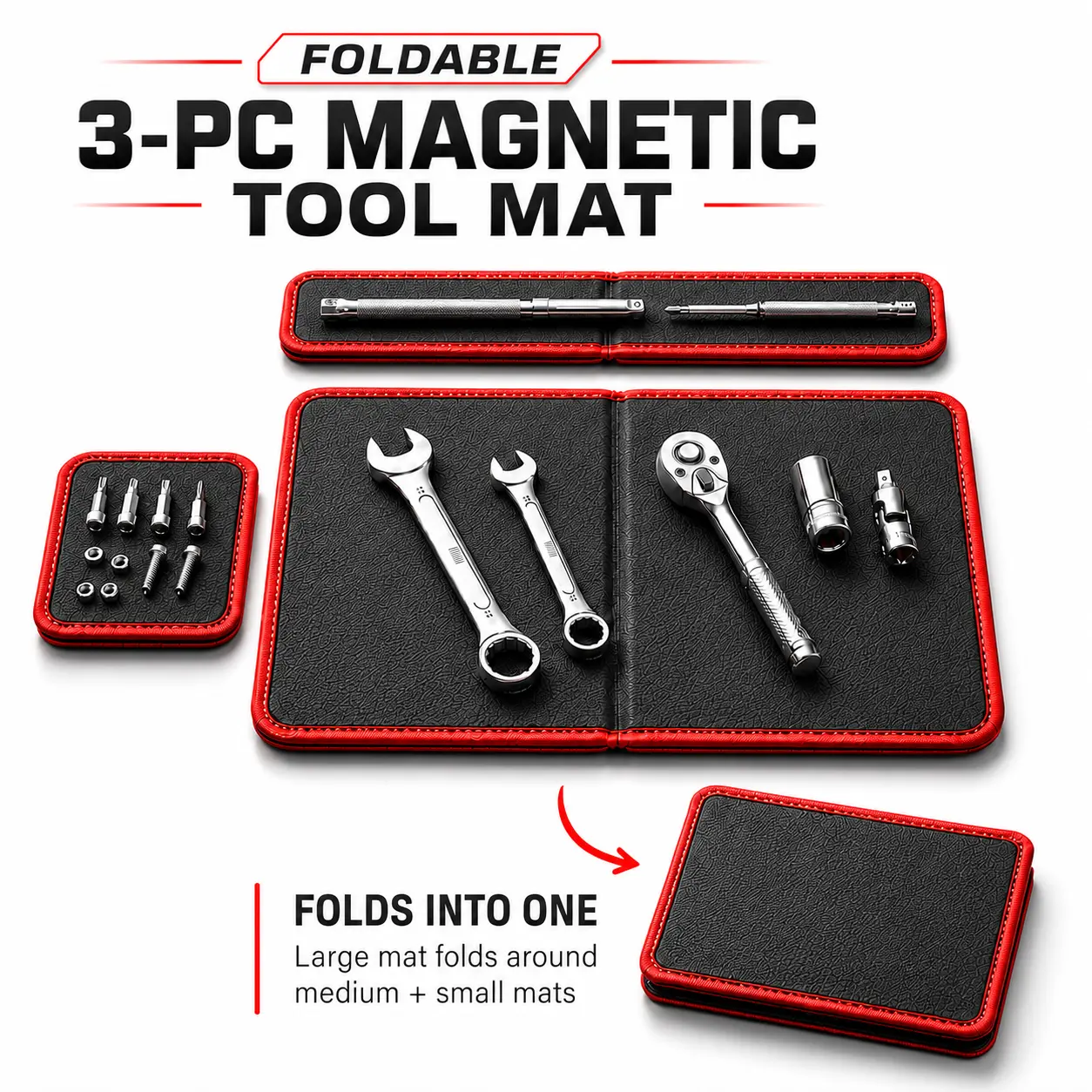 Foldable 3-Piece Magnetic Tool Mat Set, Flexible Magnetic Tray (12.6"x9.72", 12.6"x4.02", 4.53"x4.53"), Heavy Duty Scratchproof Pvc Surface Tool Organizer for Garage, Auto Repair & DIY