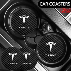 2Pcs Water Cup Mats Car Logo Leather Mats Noise Reduction Car Interior Accessories For Tesla Model 3 Y S X Cybertruck Juguete Roadster Coil Bonina