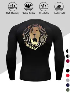 Men's Long Sleeve Compression Fitness Shirt, Moisture-Wicking High Elastic Fabric, Lion Print, Tight Fit, Ideal for Gym Running Training