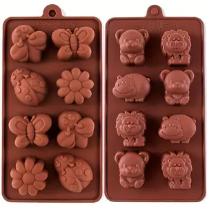 2pcs of Bear + Hippo + Lion / Bee + Beetle + Flower Eight-In-One Combination Silicone Chocolate Mold (Food Grade, High Temperature Resistant) Easy to Release, Ice Cubes, Aromatherapy Wax, Ice Tray Mold, Cartoon Style Mold