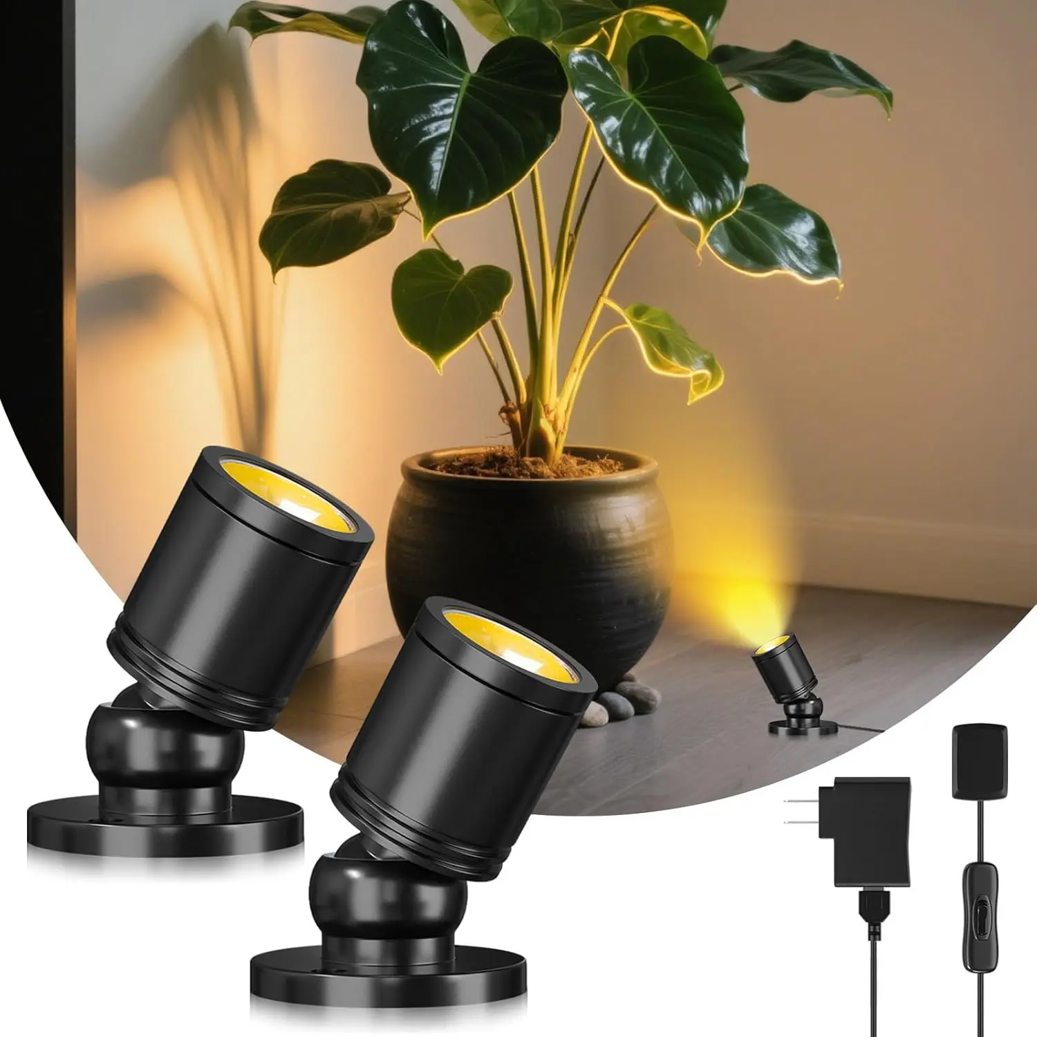 Adjustable Compact Mini LED Spotlight Plug-in Sets - Aircraft-Grade Aluminum Dura Industrial Design, Anti-Corrosion Wired Accent Uplights, Warm White AC Power Supply, 1-Plug Dual Lights with Cord Switch for Bookshelves, Art Niches