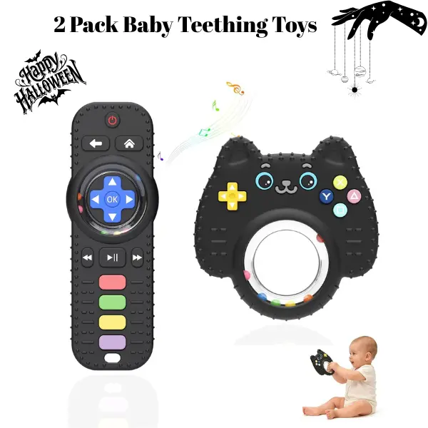 Baby Safe Teethers 2-Pack Silicone Remote Control Rattle Ring Set - Infant Grip, Sensory Chew Toy for 3-6, 6-12 Months Infants, Newborn Gift for Boys Girls