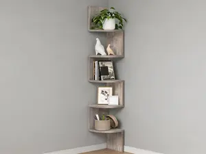 5-tier wall-mounted floating corner shelf in heather greige. Space-saving corner design, doubles as a bookshelf and plant stand. Suitable for bedroom, living room, bathroom and home office storage & decor.