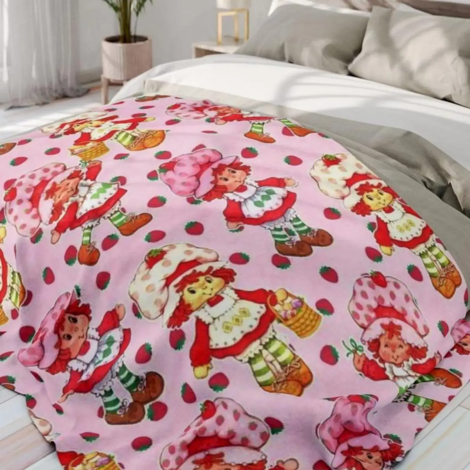 Glam Wrinkle-Resistant 80*60 Inch Soft Funny Strawberry Shortcake Vintage Throw Blanket, 1 Count, Creative Bedding Supply for Living Room, Bedroom Accessory
