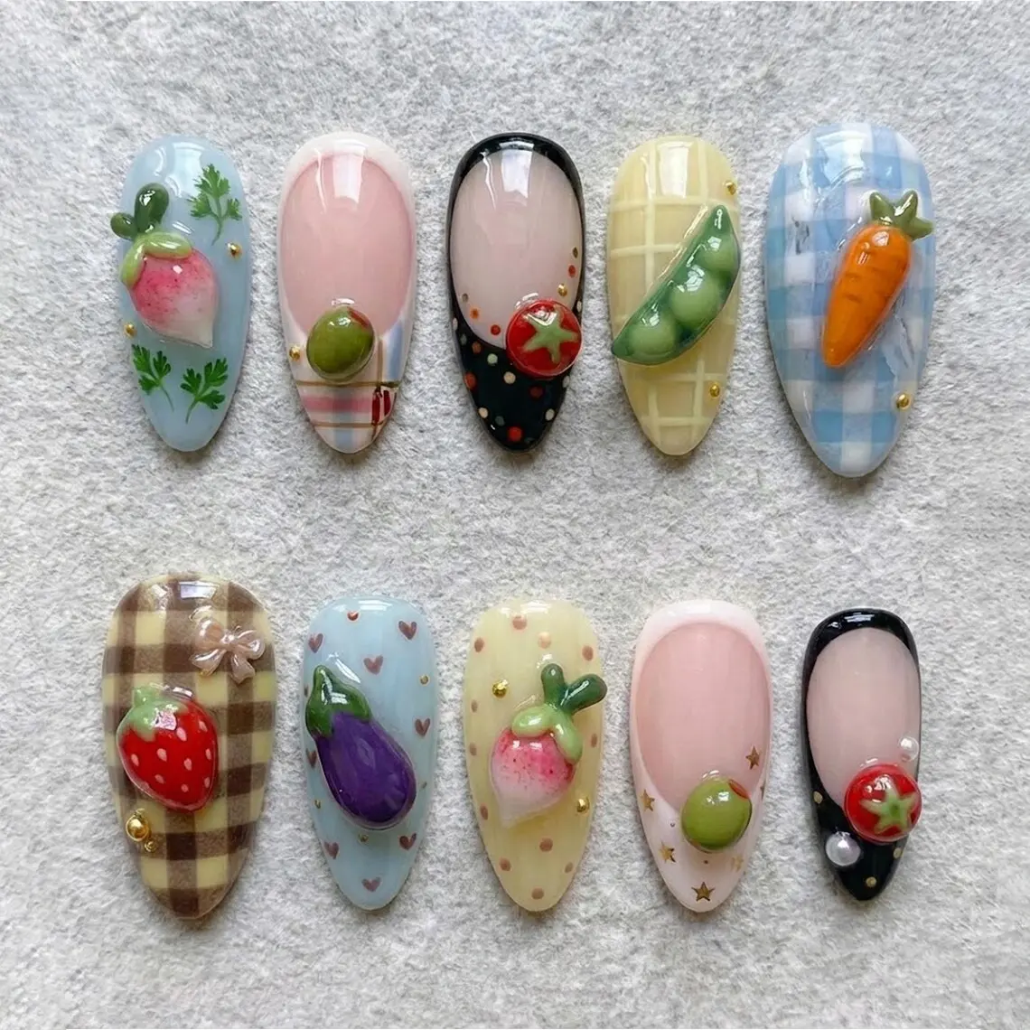 A29 Picnic Garden Press-On Nails, 3D Fruit Veggie Mix with Plaid Detail, Soft Kawaii Style, Spring Summer Nails, Gift for Her