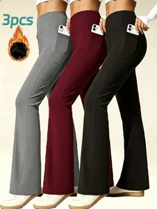 3-Pack High-waisted Elasticated Flared Pants - The Elastic Waistband Has Pockets, Suitable For All Seasons, Machine Washable, For Casual Wear, Elegant Design, With Fleece Material That Is Comfortable And Breathable, Fashionable And Versatile