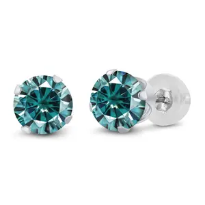 Gem Stone King 14K White Gold Blue Moissanite Earrings | 2.00 Cttw | Round 6.5MM | Round White Gold Stud Earrings For Women Men