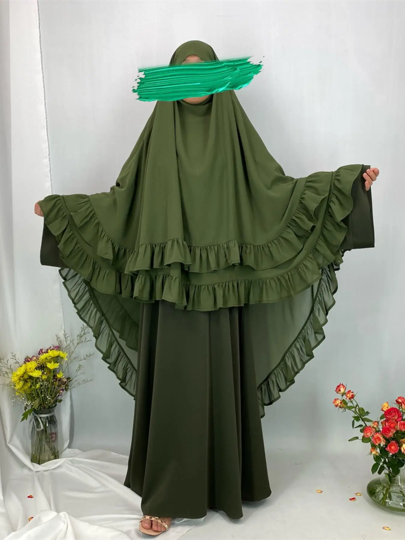 Women's Solid Color Ruffle Trim Chiffon Khimar, Modest Fashion Double Layer Design Long Hijab for Daily Wear, Women's Islamic Clothing for All Seasons