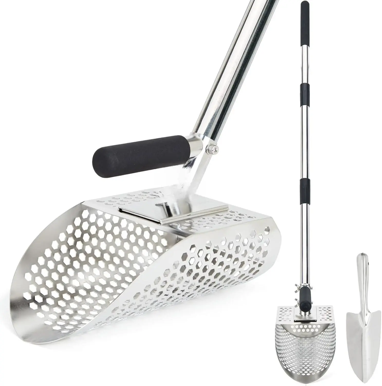 Sand Scoop for Metal Detecting, Stainless Steel Metal Detector Scoop with Long Steel Handle, Sand Sifter for the Beach, Metal Detector Accessories, Metal Detecting Shovel, Sand Flea Rake for Beach