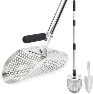 Sand Scoop for Metal Detecting, Stainless Steel Metal Detector Scoop with Long Steel Handle, Sand Sifter for the Beach, Metal Detector Accessories, Metal Detecting Shovel, Sand Flea Rake for Beach