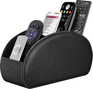 Remote Control Holder, 5 Compartments Vegan Leather TV Remoter Caddy Desktop Organizer Makeup Brush Holder Storage Fits TV Remotes, Media Controllers, Office Supplies(Black)
