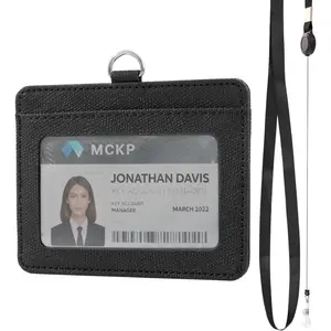 PU Leather ID Badge Holder with Breakaway Retractable Reel Lanyard - Double-Sided Horizontal ID Card Holder for Teachers, Clear Window, 2 Storage Compartments (Black)