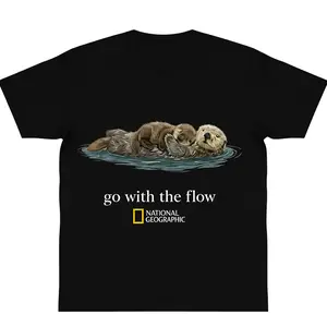 oversize cotton Go With The Flow Otter National Geo graphic tees T-Shirt y2k fashion Streetwear Comfort Shortsleeve Casual  Top Trending Machine Wash Safe gift
