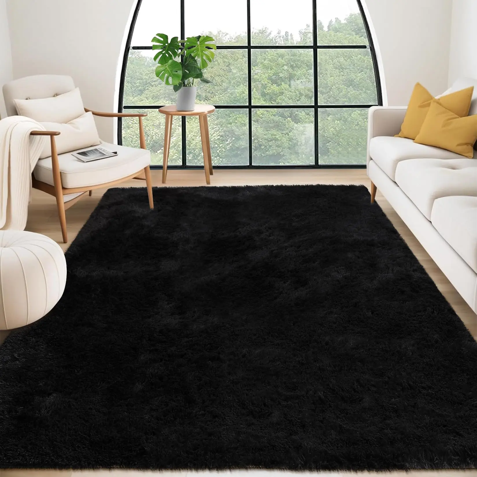 【GARVEE】10x13 Large Fluffy Living Room Area Rug Soft Plush Bedroom Throw Carpet Modern Solid Color Shaggy Rug Non Slip Non Shedding Fuzzy Faux Fur Area Rug for Nursery Home Decor, Black