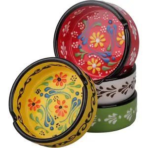 Set of 4 hand-painted ceramic ashtrays — cigarette and cigar ash holders for smokers; desktop ashtray for indoor/outdoor home and office decoration; red/yellow/white/green