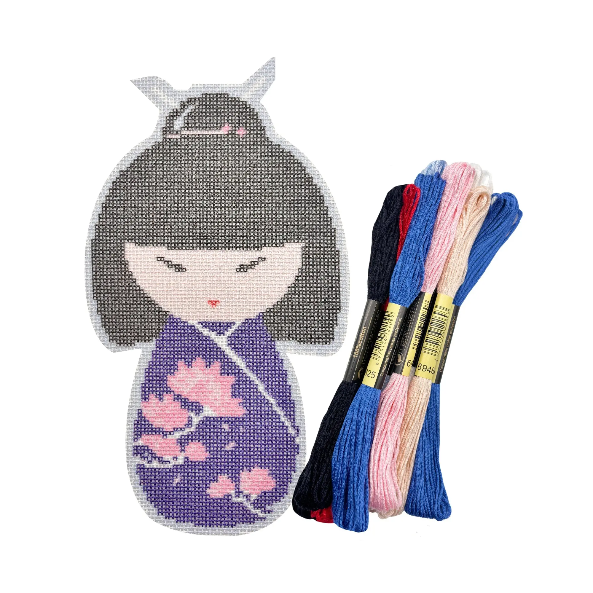 Unisex Japanese Doll-Lotus Needlepoint Kit, DIY Embroidery Crafting Supplies with Thread Set