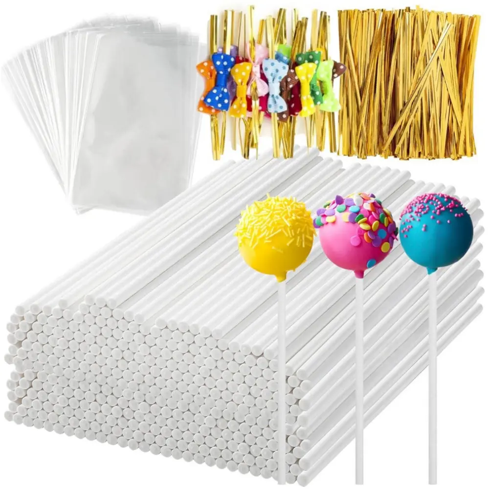 700pcs Cake Pop Sticks and Wrappers Kit with Paper Lollipop Sticks, Clear Candy Treat Bags, Gold Twist Ties Chocolate Pops Making Accessories