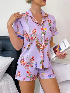 Spring/Summer 2-piece Women's Purple Bottom Full Body Colorful Flower Rooster Pattern Printed Short Sleeve Shorts Soft and Comfortable Top Small Pocket Collar Design Elastic Waist Head Home Daily Casual Women's Pajama Set