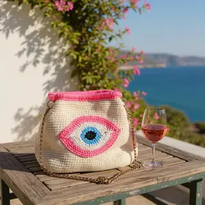 Handmade Crochet Evil Eye Clutch Boho Chic Bag with Gold Chain - Lightweight Spacious Cotton Yarn Metal Chain Summer Festival Collectible Fashion Accessory