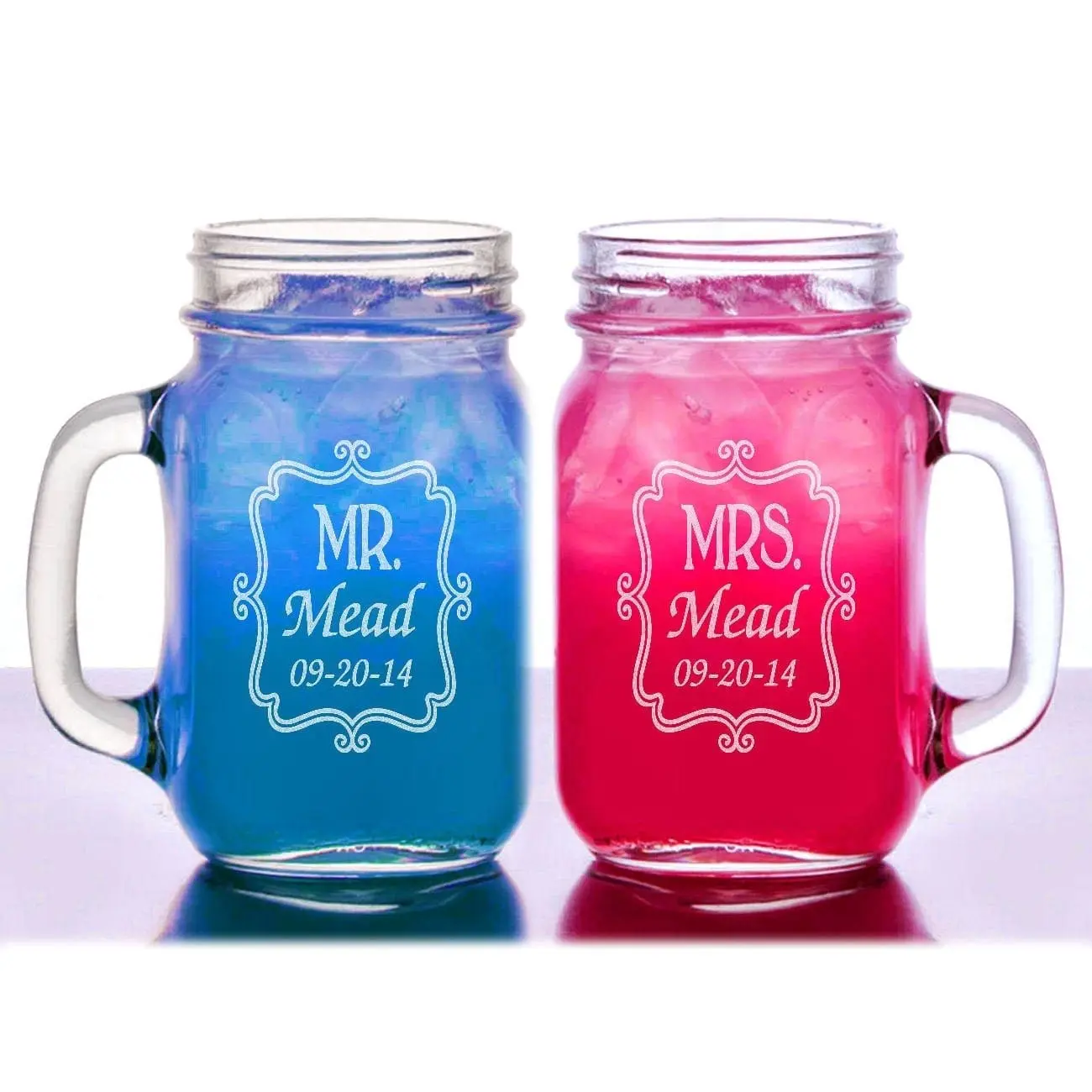 Mr  Mrs Elegant Border Personalized Wedding Mason Jars Engraved His Hers Set of 2 Weddding Gift Favor Idea Newlyweds Jar Handle Mug Glasses