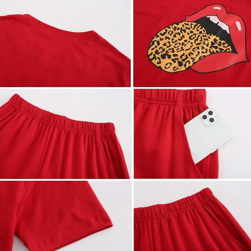 Womens 2 Pieces Sports Outfit Tracksuit Sequin Lips&Butterfly Print Top and Short Pants with Pocket Sweatsuit Set Tie Dye High Waist Sports Shorts Set