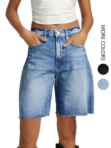 Women's Summer High Waist Denim Shorts, Casual Wide Leg Bermuda Shorts, Loose Fit Jean Mid-Thigh Pants with Pockets